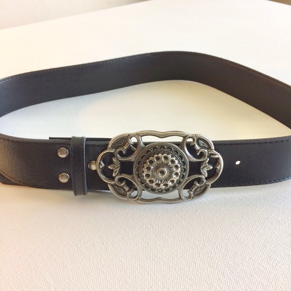 Accessories - Black Leather Belt Silver Ornate Octagon Buckle Accessories - Black Leather Belt Silver Ornate Octagon Buckle